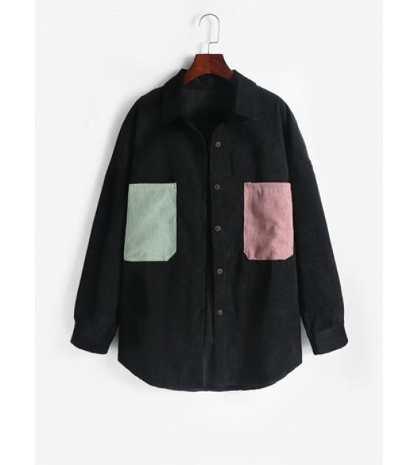 Colorblock Front Pockets Corduroy Shacket