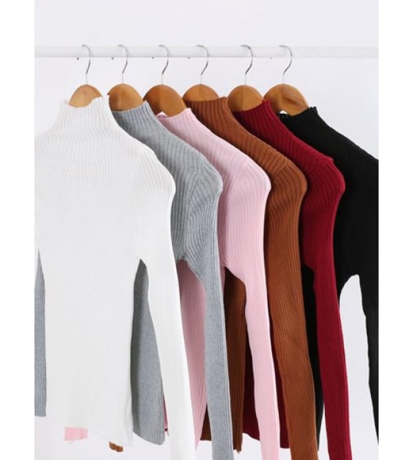 Pullover Mock Neck Plain Slim Sweater