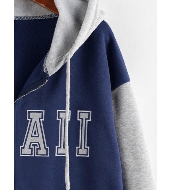 Colorblock Letter Embroidered Zip Up Hoodie