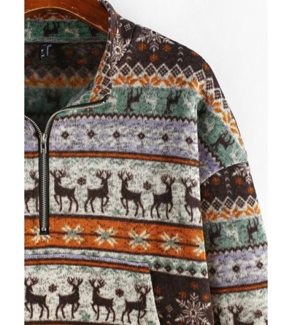 Christmas Elk Snowflake Half Zip Knit Sweatshirt