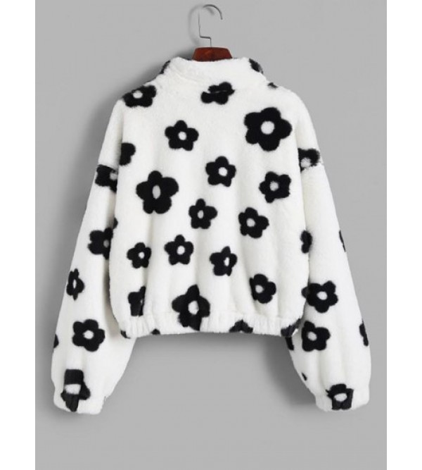 Fluffy Floral Graphic Faux Fur Jacket