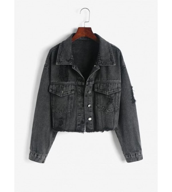 Distressed Frayed Drop Shoulder Denim Jacket