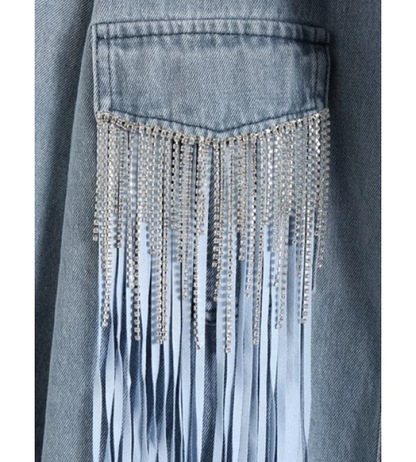 Fringed Rhinestones Button Up Denim Jacket