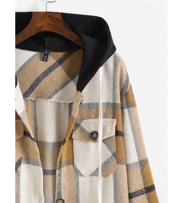 Contrast Hooded Plaid Patch Pockets Coat