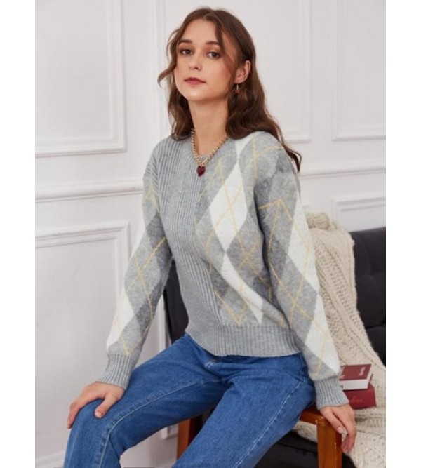 Argyle Ribbed Drop Shoulder Sweater