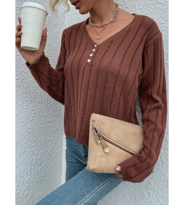 V Neck Ribbed Pearly Button Front Sweater