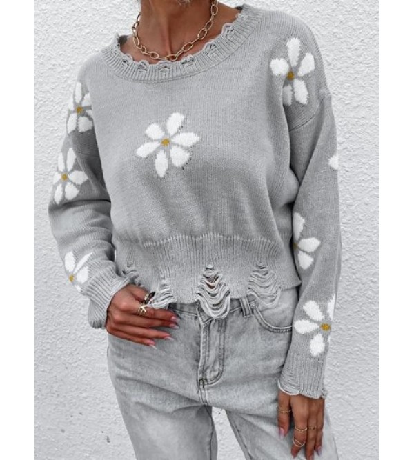 Ripped Distressed Flower Graphic Sweater