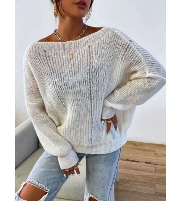 Slash Neck Ripped Detail Slouchy Sweater