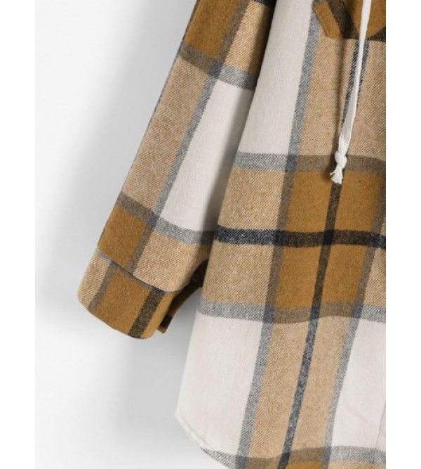 Contrast Hooded Plaid Patch Pockets Coat